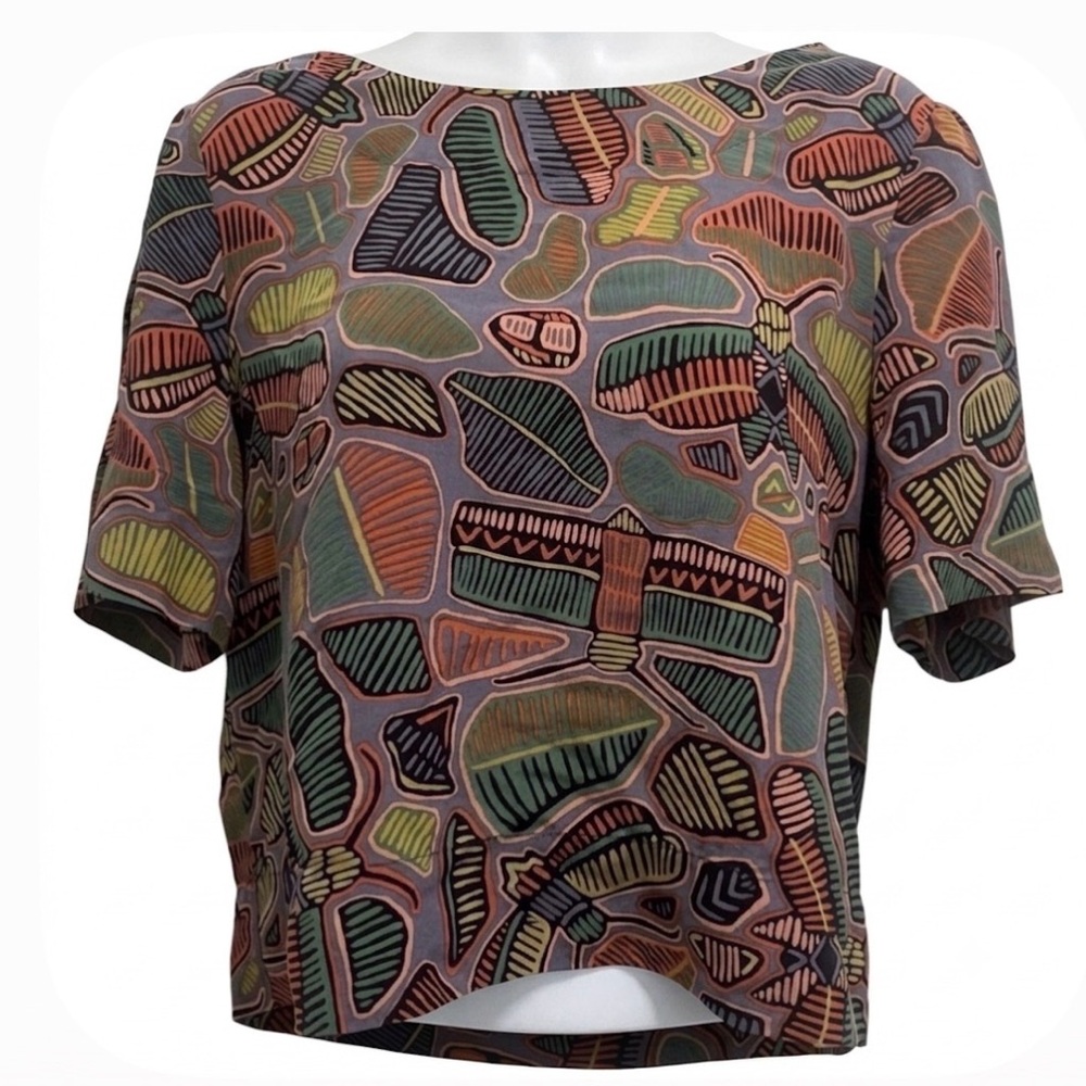 Kate Spade Saturday Silk Dragonfly/Abstract Print Cropped Blouse - XS - EUC